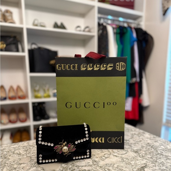 Gucci Broadway Pearly Bee Shoulder Bag Crystal Embellished Velvet Mini - Picture 11 of 12